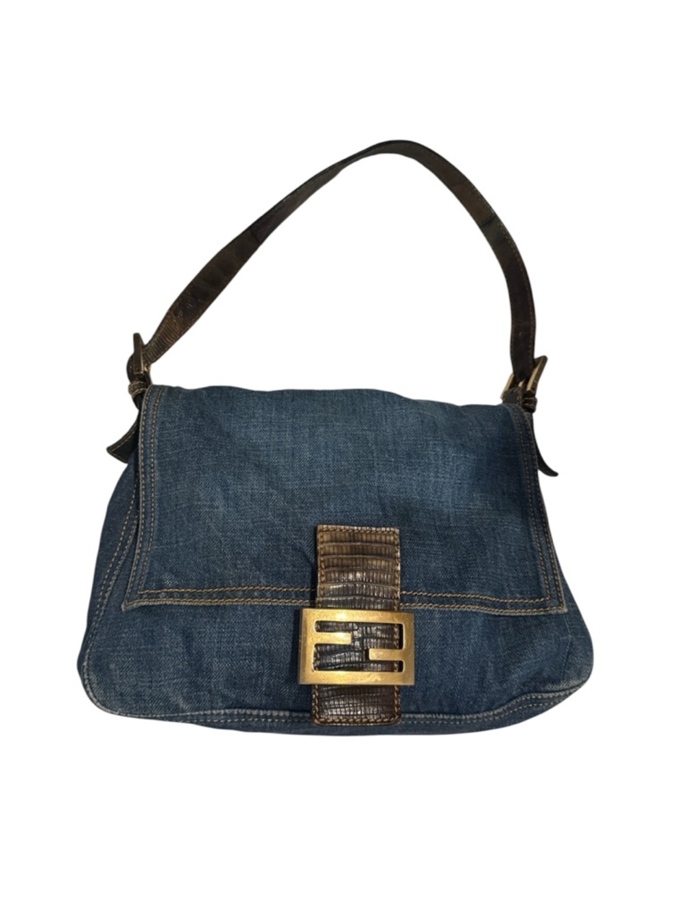 Vintage Fendi Denim & Lizzard Trim Mamma Baguette Bag